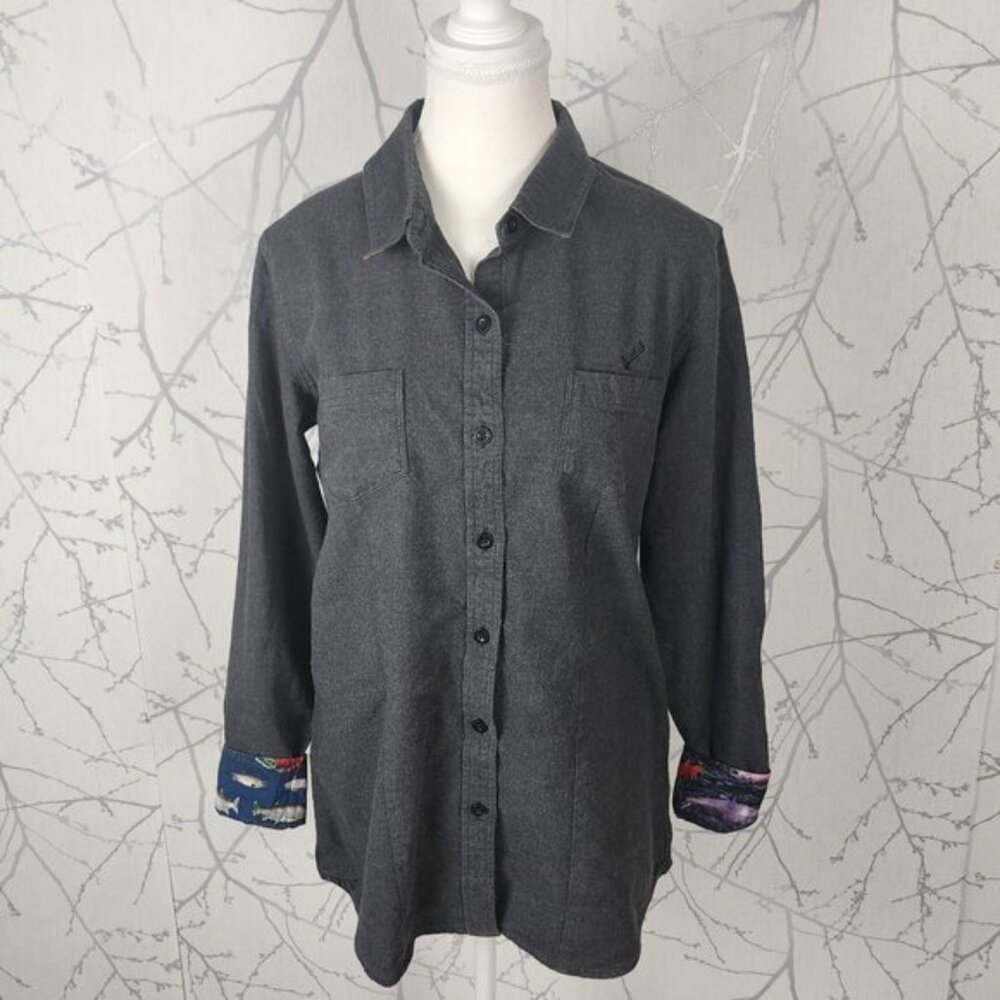 Pladra Charcoal Gray Cotton Fish Print Flip Cuff Cascade Flannel Shirt